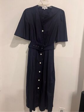 Pearl by Lela rose Navy Button-Front Belted Midi Dress